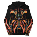 Front view of Zuzuv Kraken Life black pullover hoodie featuring vibrant orange and multi-color mythical kraken formline artwork