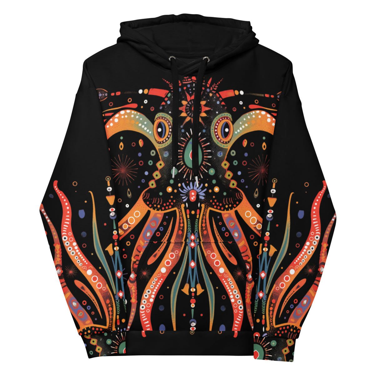 Front view of Zuzuv Kraken Life black pullover hoodie featuring vibrant orange and multi-color mythical kraken formline artwork