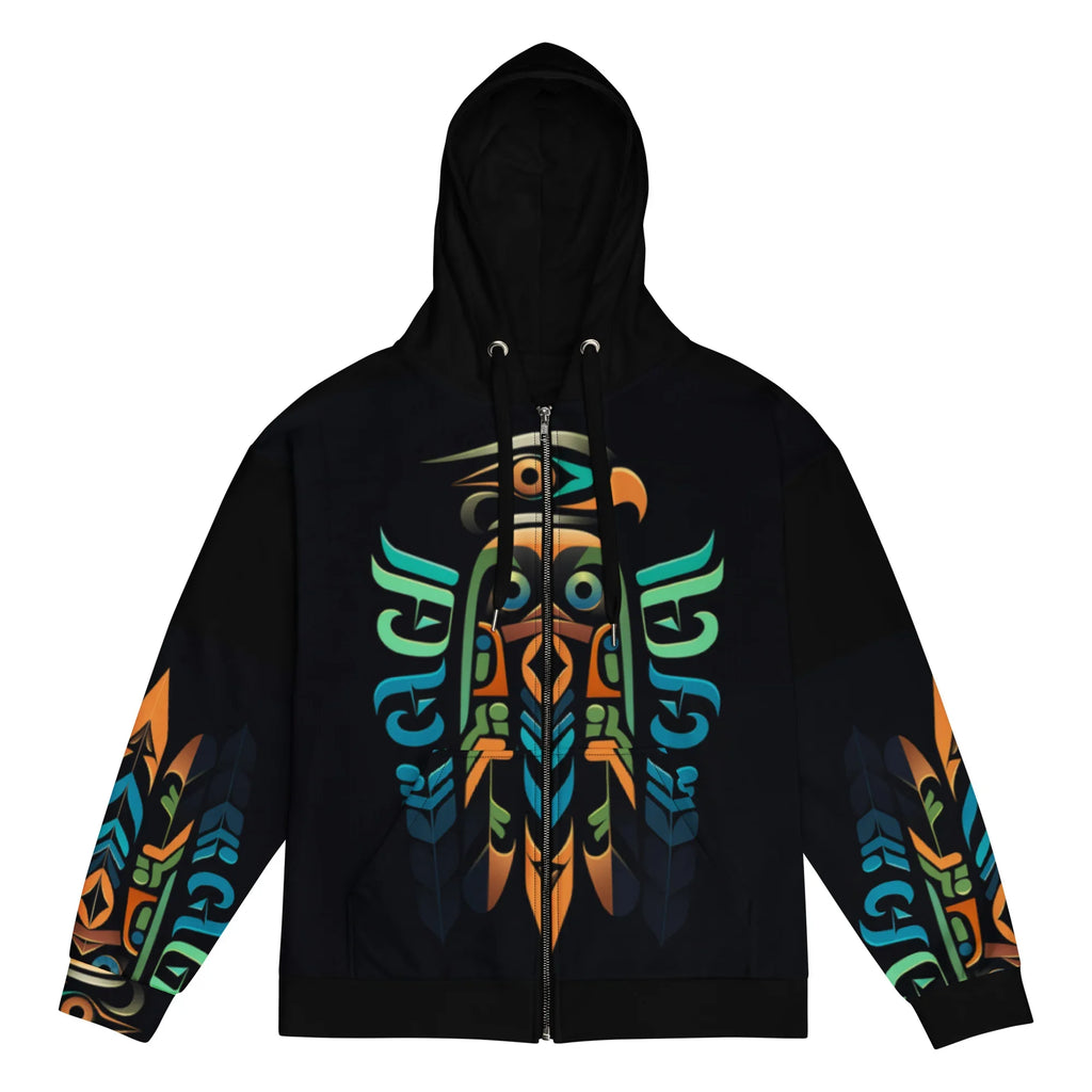Front view of Zuzuv Quetzal Cipher black full-zip hoodie featuring colorful totem eagle formline art and sleeve graphic details