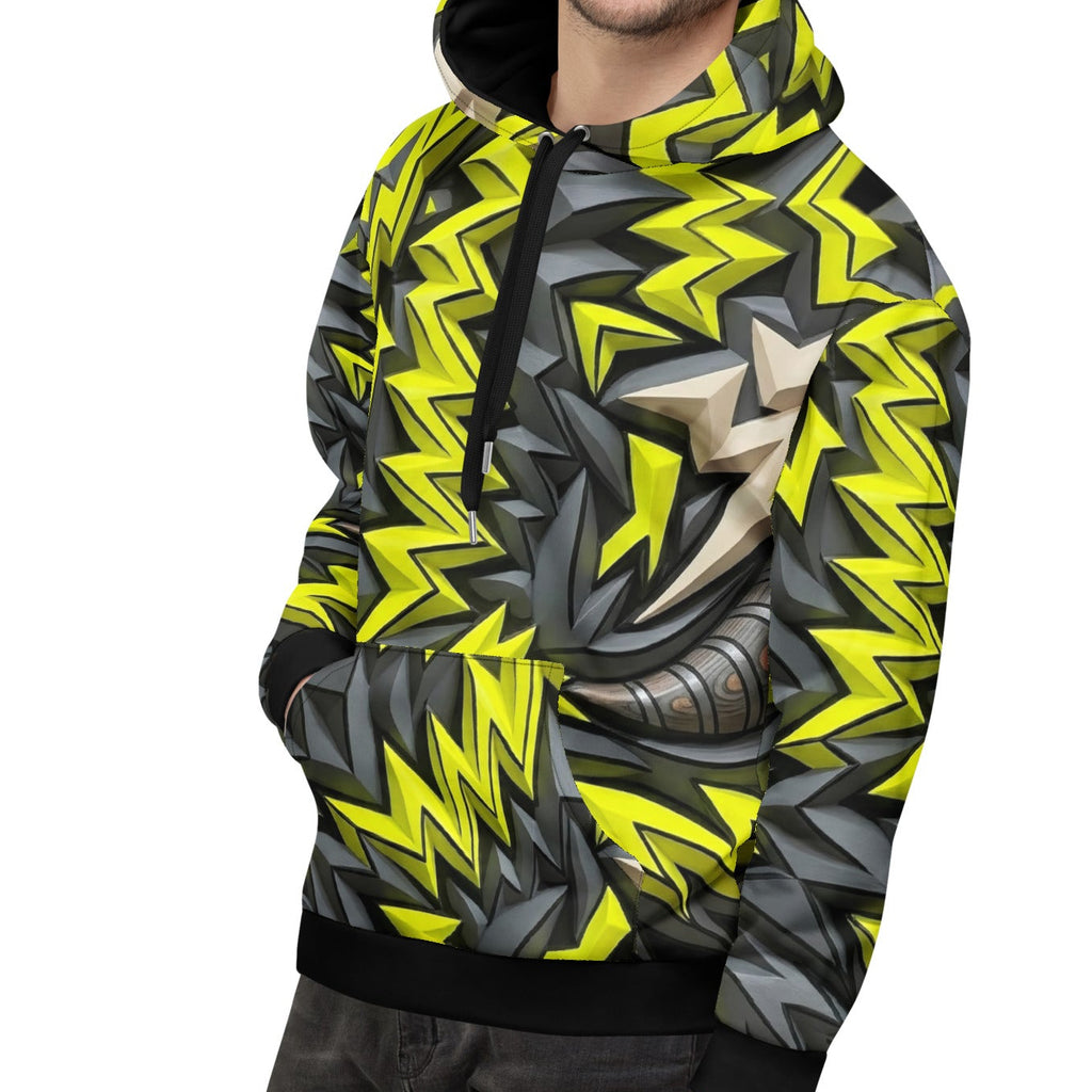 man Front view of Zuzuv The Lightning Bolt graphic hoodie showing yellow, green, and grey abstract lightning pattern