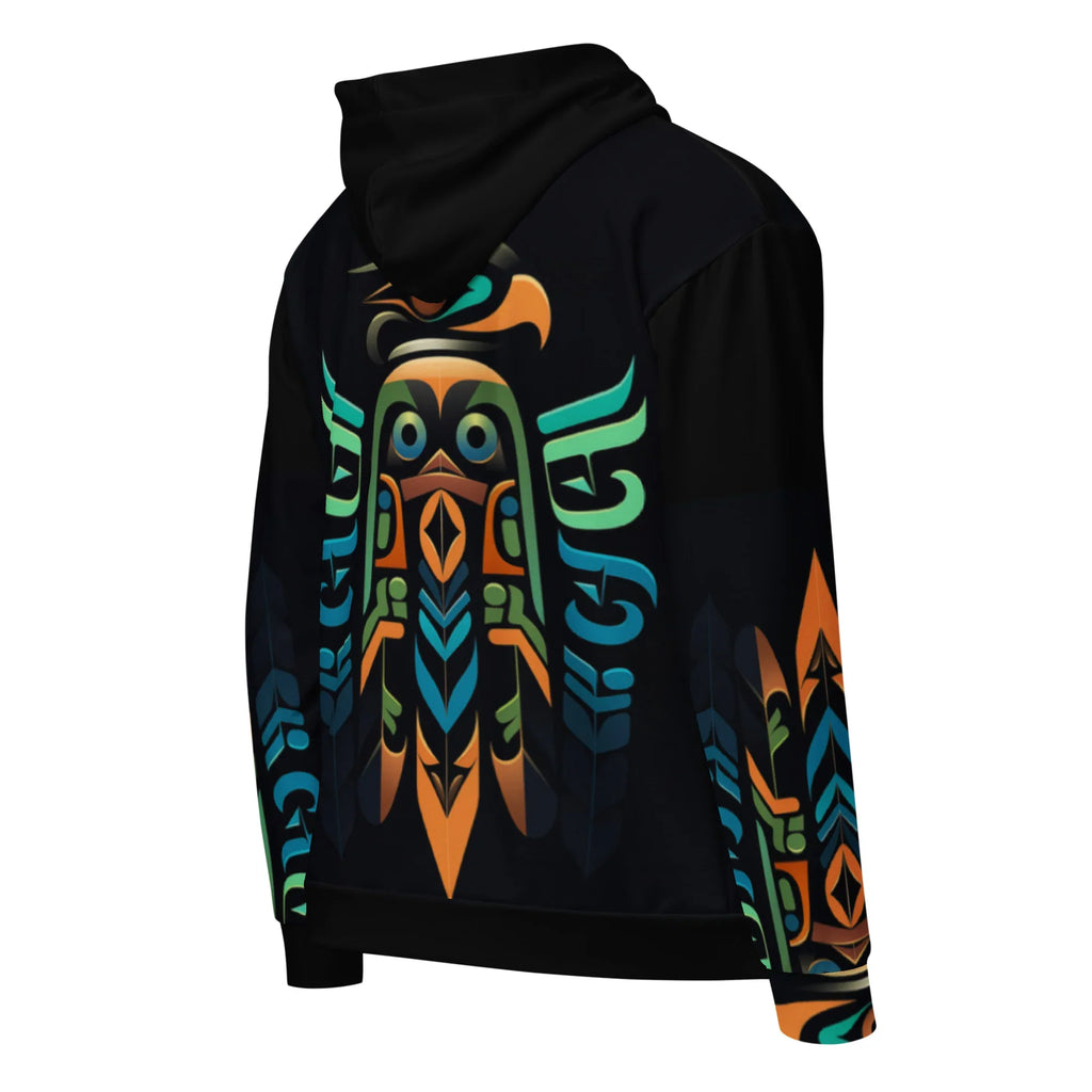 back view of Zuzuv Quetzal Cipher black full-zip hoodie featuring colorful totem eagle formline art and sleeve graphic details