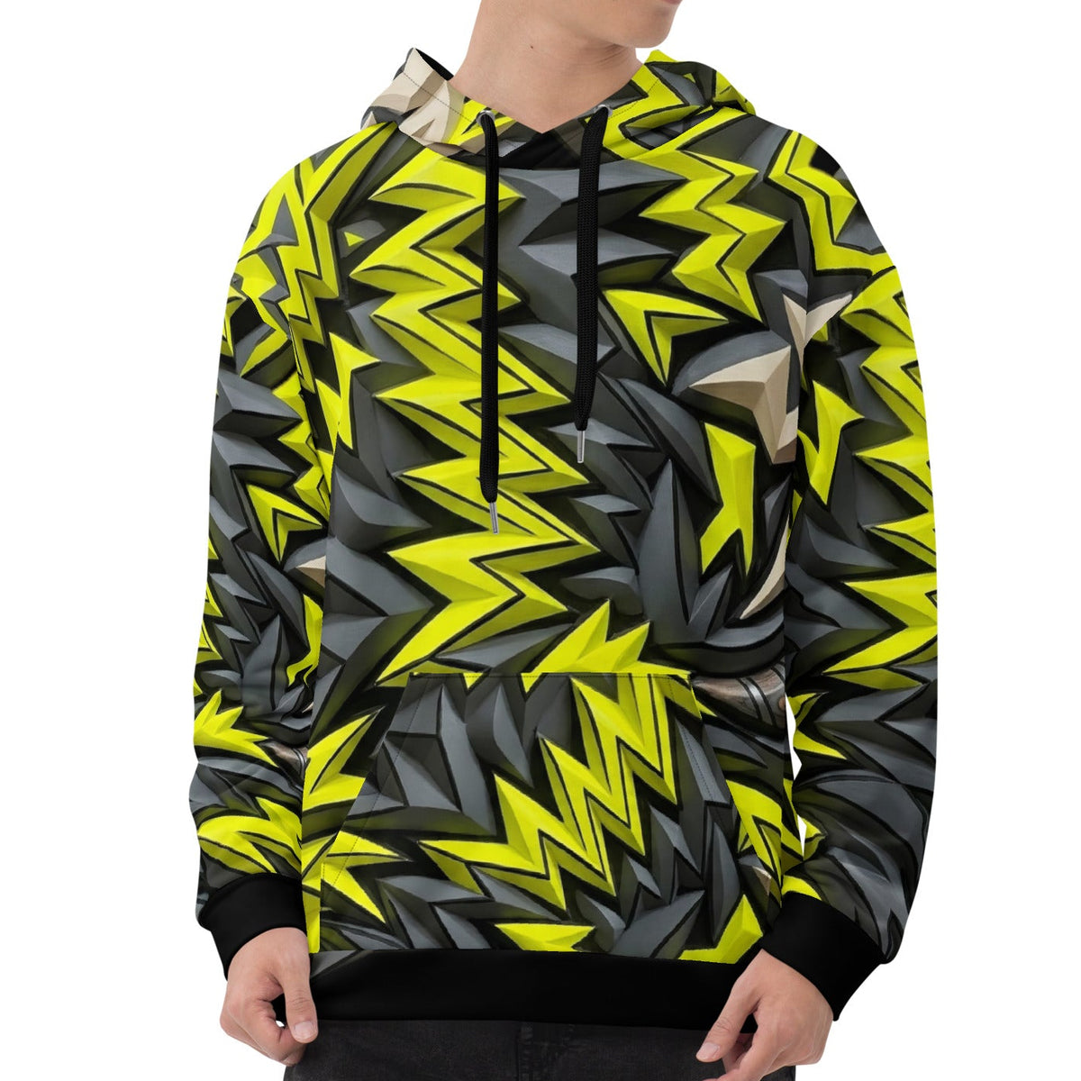 Front view of Zuzuv The Lightning Bolt graphic hoodie showing yellow, green, and grey abstract lightning pattern