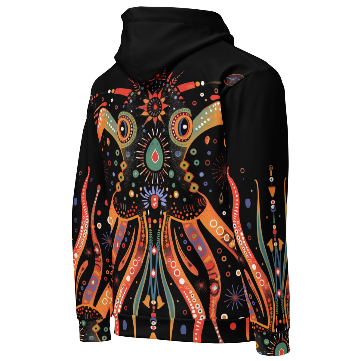 back side view  Zuzuv Kraken Life black pullover hoodie featuring vibrant orange and multi-color mythical kraken formline artwork