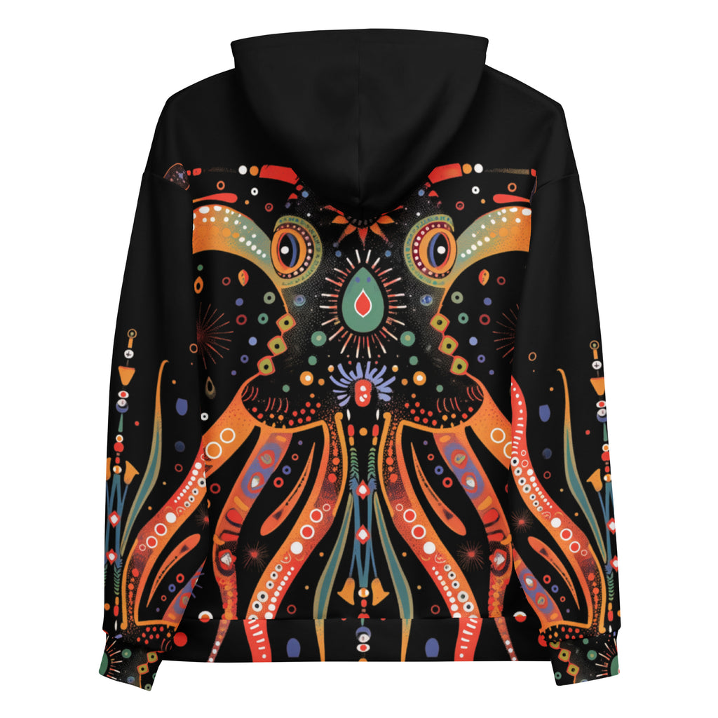 back  view  Zuzuv Kraken Life black pullover hoodie featuring vibrant orange and multi-color mythical kraken formline artwork