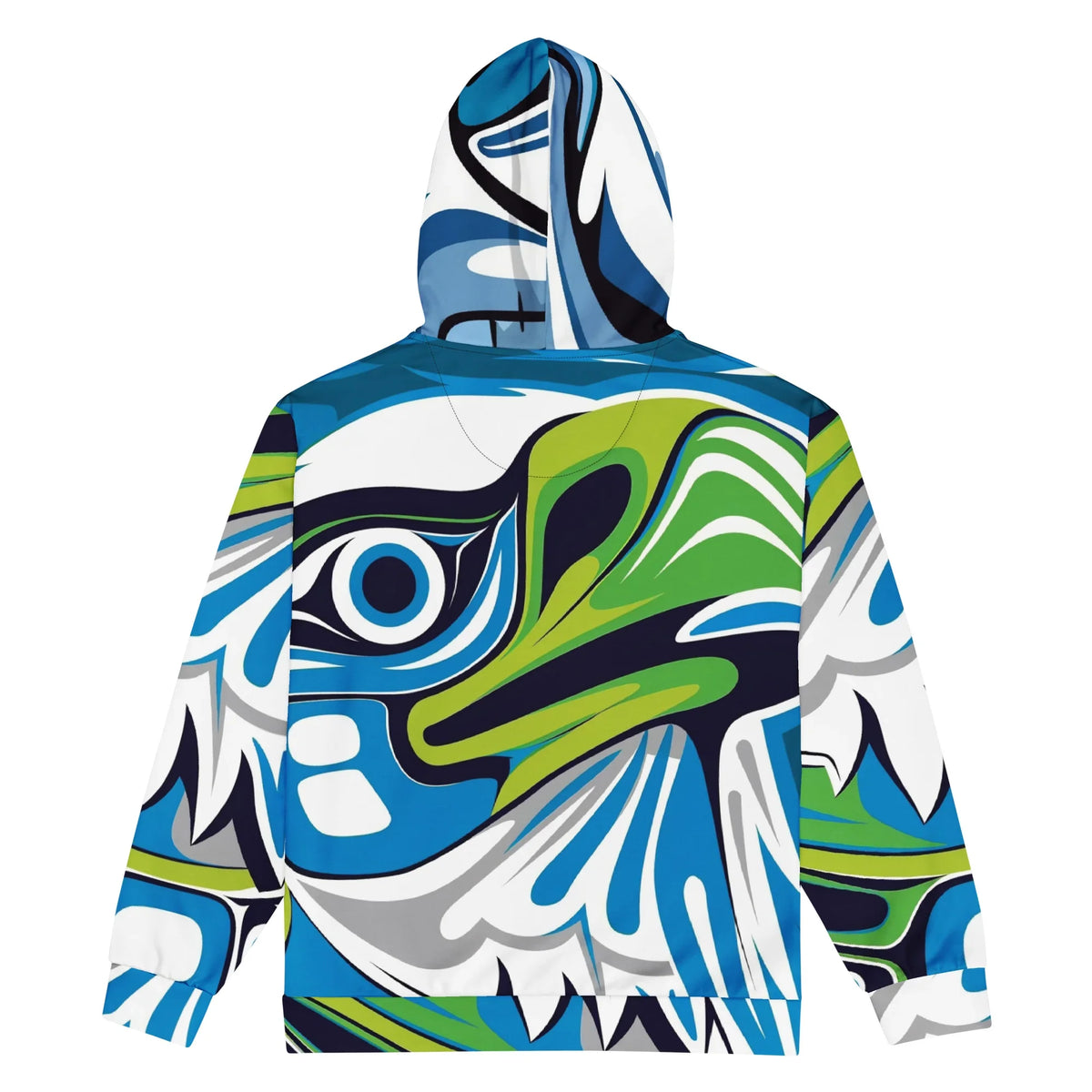 Full back view of Zuzuv Eagle Soar blue and green formline art graphic hoodie