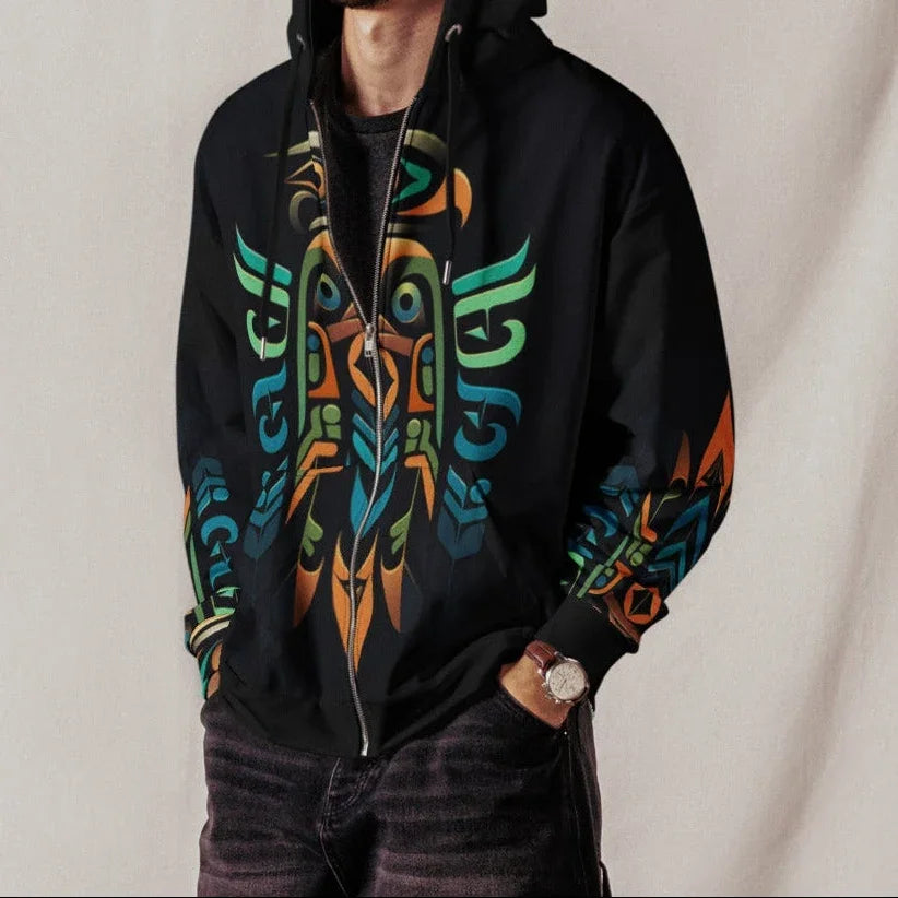 man wearing front view Quetzal Cipher abstract geometric tribal-fusion