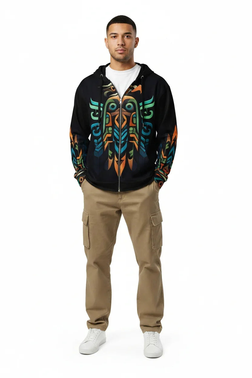 man wearing  view of Zuzuv Quetzal Cipher black full-zip hoodie featuring colorful totem eagle formline art and sleeve graphic details