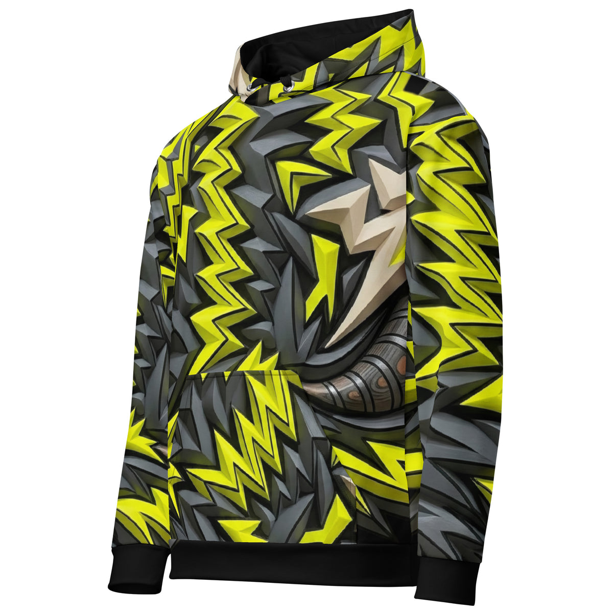 side front view of a Lightning_Bolt_Graphic_Hoodie featuring an all-over custom graphic print.