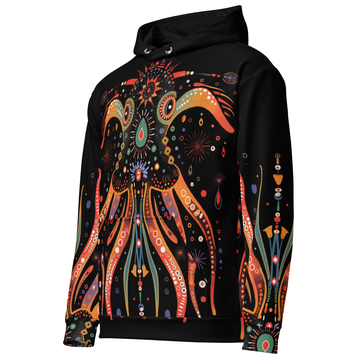side view of Zuzuv Kraken Life black pullover hoodie featuring vibrant orange and multi-color mythical kraken formline artwork