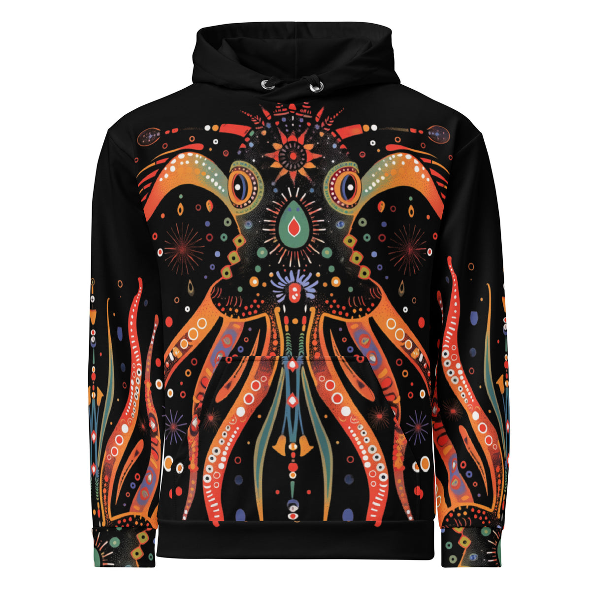 front view of Zuzuv Kraken Life black pullover hoodie featuring vibrant orange and multi-color mythical kraken formline artwork