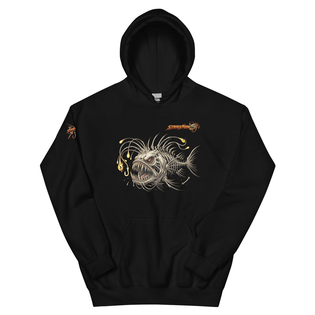 Front view of Zuzuv Skin Deep Water black pullover hoodie featuring aggressive anglerfish graphic print with glowing lure details