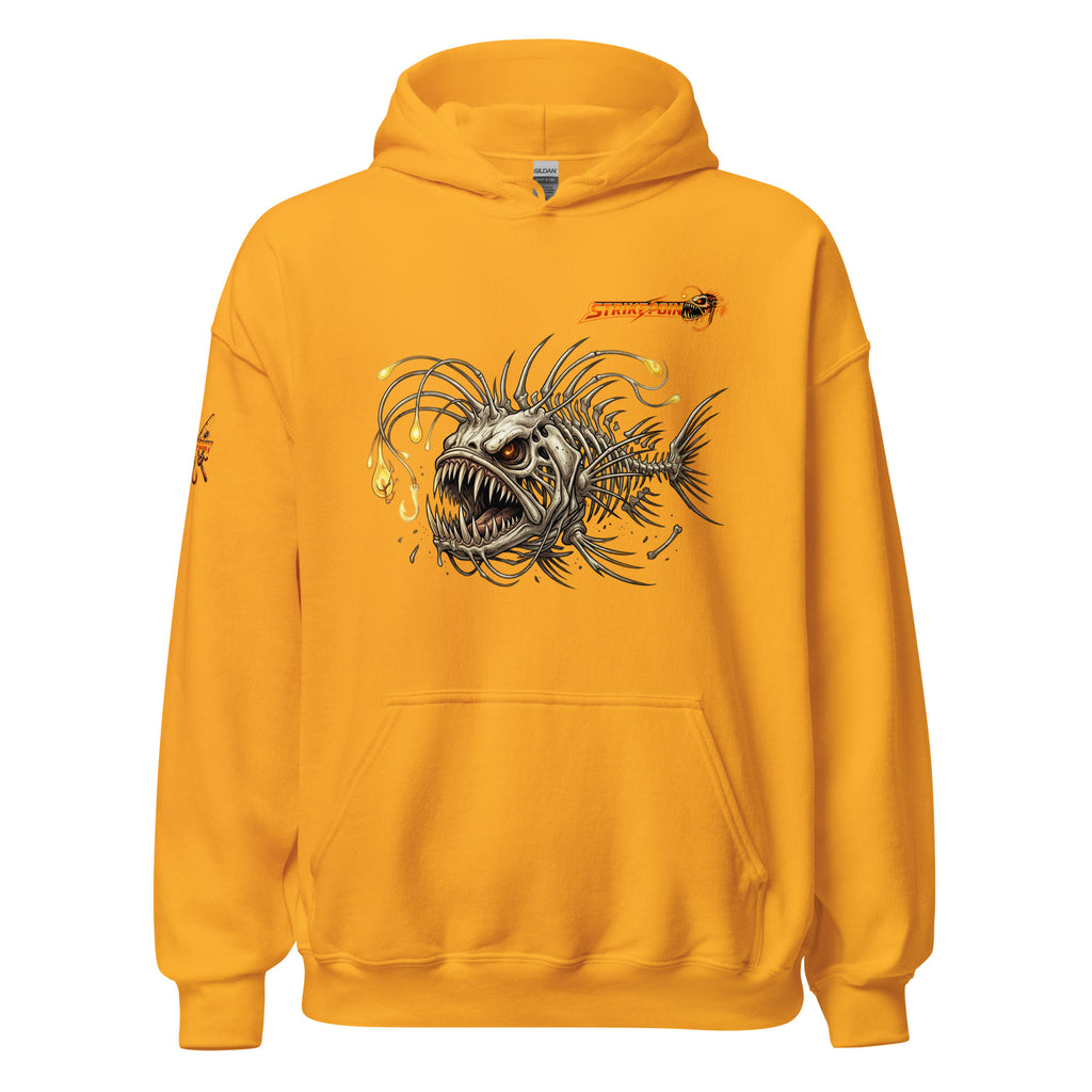 Front view of Zuzuv Skin Deep Water gold pullover hoodie featuring aggressive anglerfish graphic print with glowing lure details