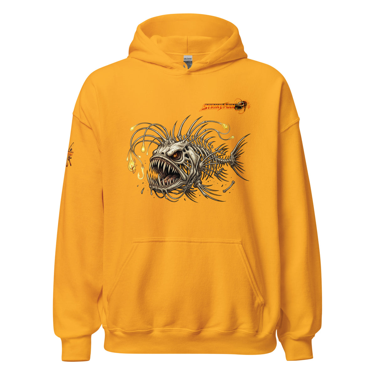 Front view of Zuzuv Skin Deep Water gold pullover hoodie featuring aggressive anglerfish graphic print with glowing lure details