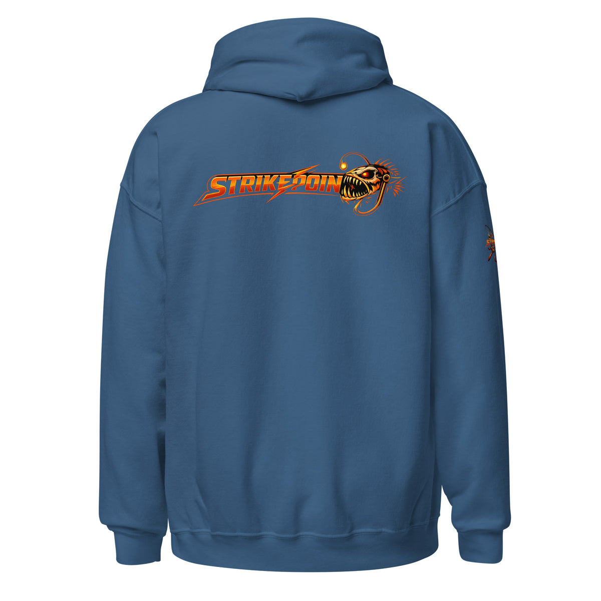 back view of Zuzuv Skin Deep Water indago blue pullover hoodie featuring aggressive anglerfish graphic print with glowing lure details